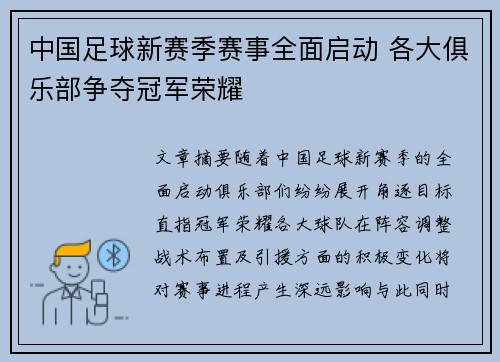 中国足球新赛季赛事全面启动 各大俱乐部争夺冠军荣耀