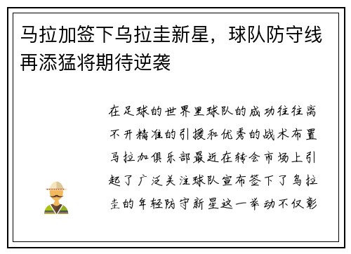 马拉加签下乌拉圭新星，球队防守线再添猛将期待逆袭