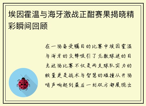 埃因霍温与海牙激战正酣赛果揭晓精彩瞬间回顾