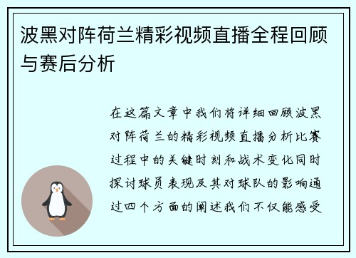 波黑对阵荷兰精彩视频直播全程回顾与赛后分析
