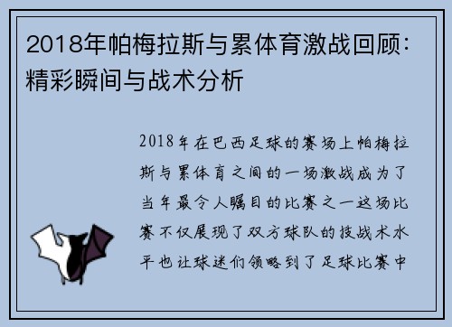 2018年帕梅拉斯与累体育激战回顾：精彩瞬间与战术分析
