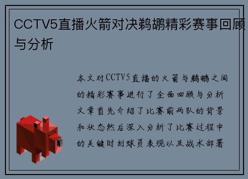 CCTV5直播火箭对决鹈鹕精彩赛事回顾与分析