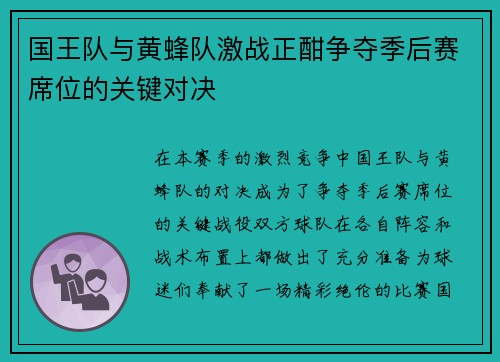 国王队与黄蜂队激战正酣争夺季后赛席位的关键对决