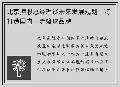 北京控股总经理谈未来发展规划：将打造国内一流篮球品牌