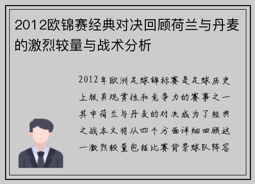 2012欧锦赛经典对决回顾荷兰与丹麦的激烈较量与战术分析