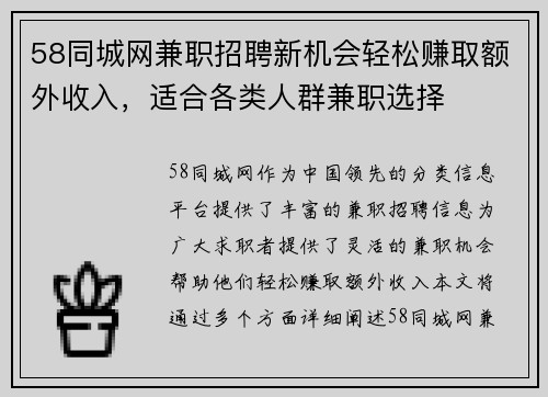58同城网兼职招聘新机会轻松赚取额外收入，适合各类人群兼职选择