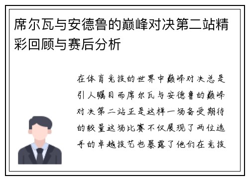 席尔瓦与安德鲁的巅峰对决第二站精彩回顾与赛后分析