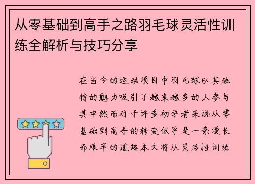 从零基础到高手之路羽毛球灵活性训练全解析与技巧分享