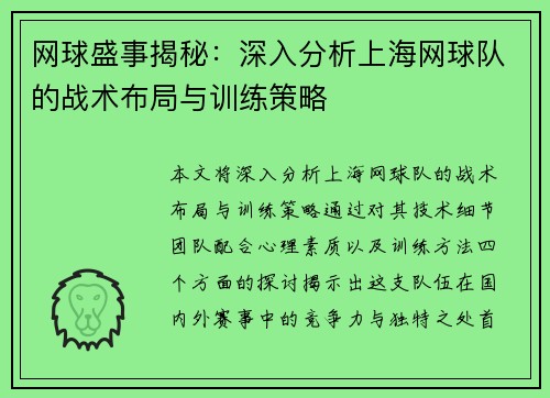 网球盛事揭秘：深入分析上海网球队的战术布局与训练策略